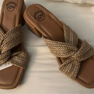 White Mountain Tan Braided Slide Sandals with Low Block Heel